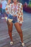 Casual Patchwork Tassel Hollowed Out See-through O Neck Tops