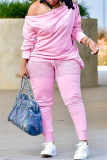 Casual Solid Patchwork Oblique Collar Plus Size Two Pieces