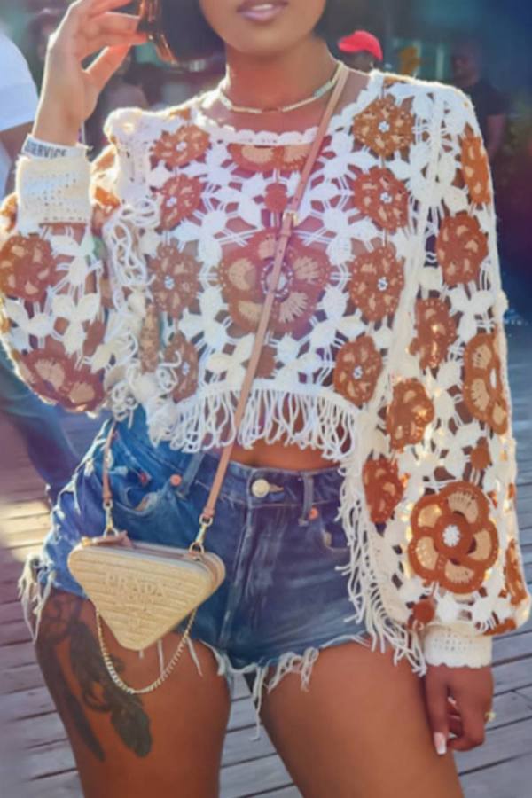 Casual Patchwork Tassel Hollowed Out See-through O Neck Tops