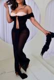 Sexy Patchwork Hollowed Out See-through Backless Contrast Off the Shoulder Long Dresses