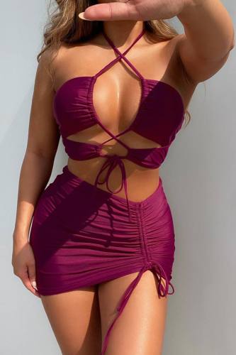 Sexy Solid Bandage Hollowed Out Backless Swimsuit Three Piece Set (With Paddings)