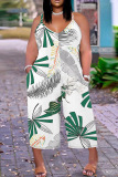 Casual Print Backless Spaghetti Strap Plus Size Jumpsuits