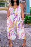 Casual Print Backless Spaghetti Strap Plus Size Jumpsuits