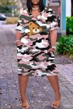 Casual Print Patchwork Basic V Neck Short Sleeve Short Sleeve Dress
