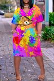 Casual Print Patchwork Basic V Neck Short Sleeve Short Sleeve Dress