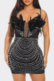 Sexy Street Daily Party Elegant Formal Patchwork Feathers Hot Drill Spaghetti Strap Dresses