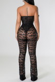 Sexy Solid Lace Patchwork See-through With Bow Strapless Sleeveless Two Pieces