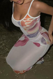 Sweet Print Patchwork Backless Spaghetti Strap Sling Dresses