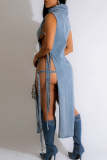 Sexy Solid Bandage Hollowed Out Patchwork Mandarin Collar Sleeveless Straight Denim Dresses