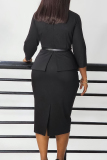 Elegant Solid Patchwork Slit With Belt Asymmetrical Collar Pencil Skirt Dresses