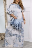 Casual Print Patchwork Slit O Neck Long Dresses