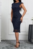 Casual Solid Patchwork O Neck Pencil Skirt Dresses