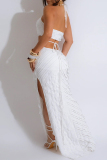 White Cross Halter V Neck Cutout Ruffle Side Thigh Slit Vacation Party Fishtail Maxi Dresses