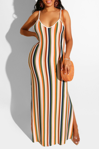Sexy Casual Striped Print Frenulum Backless Spaghetti Strap Long Dresses