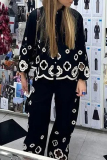 Casual Solid Hook Flower Hollowed Out Turndown Collar Long Sleeve Two Pieces