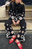 Casual Solid Hook Flower Hollowed Out Turndown Collar Long Sleeve Two Pieces