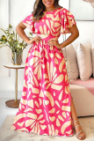 Casual Print Patchwork Slit O Neck Long Dresses