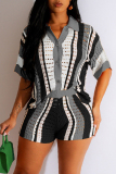 Casual Patchwork Hollowed Out See-through Contrast Turndown Collar Half Sleeve Two Pieces