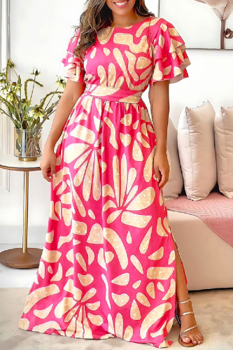Casual Print Patchwork Slit O Neck Long Dresses