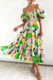 Turquoise Sweet Elegant Print Asymmetrical Off the Shoulder Printed Dress Dresses