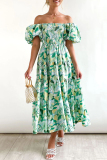 Turquoise Sweet Elegant Print Asymmetrical Off the Shoulder Printed Dress Dresses