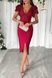 Celebrities Elegant Solid Sequins Fold V Neck Wrapped Skirt Dresses