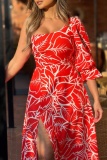 Casual Print Slit Oblique Collar Long Dresses