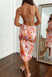 Sexy Print Backless Cross Straps Slit Spaghetti Strap Sleeveless Dresses