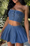 Denim Sexy Street Solid Patchwork Button Up Tube Tops Mini Skirts Two Piece Sets