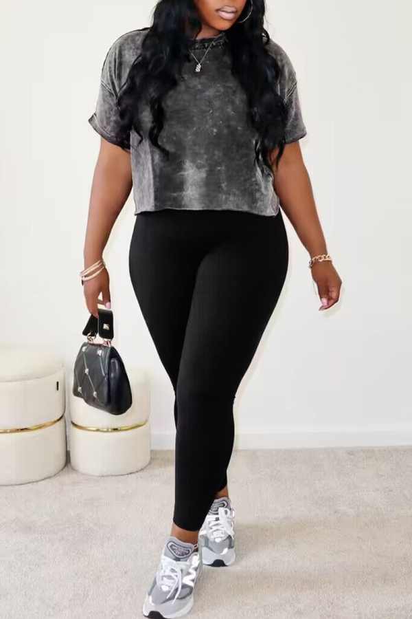 Street Tie Dye Patchwork O Neck Half Sleeve Two Pieces