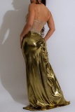Sexy Formal Patchwork Hot Drilling Backless Slit Spaghetti Strap Long Dresses