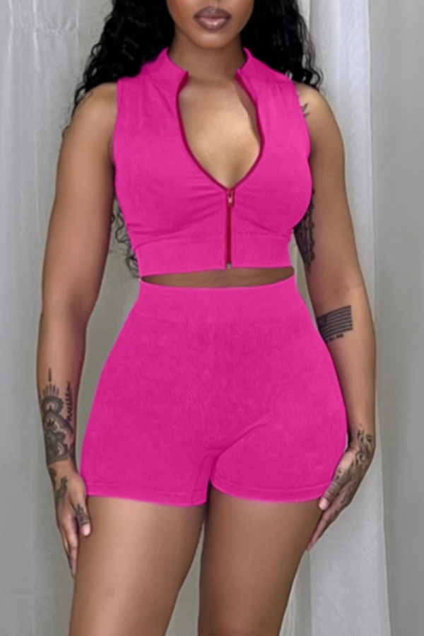 Casual Solid Basic Zipper Collar Sleeveless Two Pieces