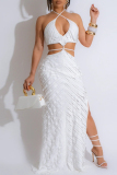 White Cross Halter V Neck Cutout Ruffle Side Thigh Slit Vacation Party Fishtail Maxi Dresses