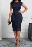 Casual Solid Patchwork O Neck Pencil Skirt Dresses
