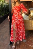 Casual Print Slit Oblique Collar Long Dresses