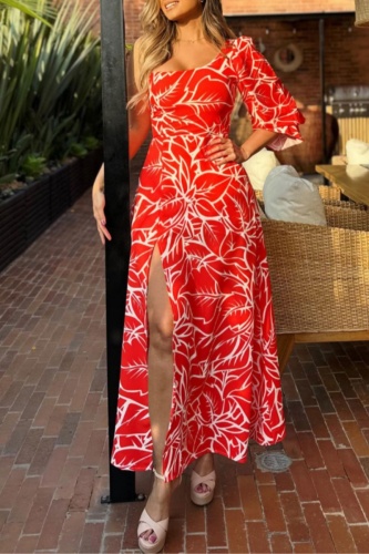 Casual Print Slit Oblique Collar Long Dresses