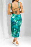 Sexy Print Backless Cross Straps Slit Spaghetti Strap Sleeveless Dresses