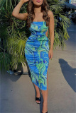 Sexy Print Backless Cross Straps Slit Spaghetti Strap Sleeveless Dresses
