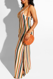 Sexy Casual Striped Print Frenulum Backless Spaghetti Strap Long Dresses