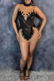 Sexy Hollowed Out Sequins Patchwork See-through Mandarin Collar Wrapped Skirt Dresses