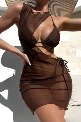Sexy Solid Hollowed Out Frenulum See-through Backless Swimsuit Three Piece Set (With Paddings)