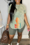 Casual Print Patchwork O Neck Short Sleeve Two Pieces