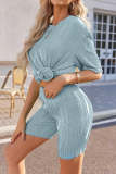 Casual Striped Patchwork O Neck Half Sleeve Two Pieces