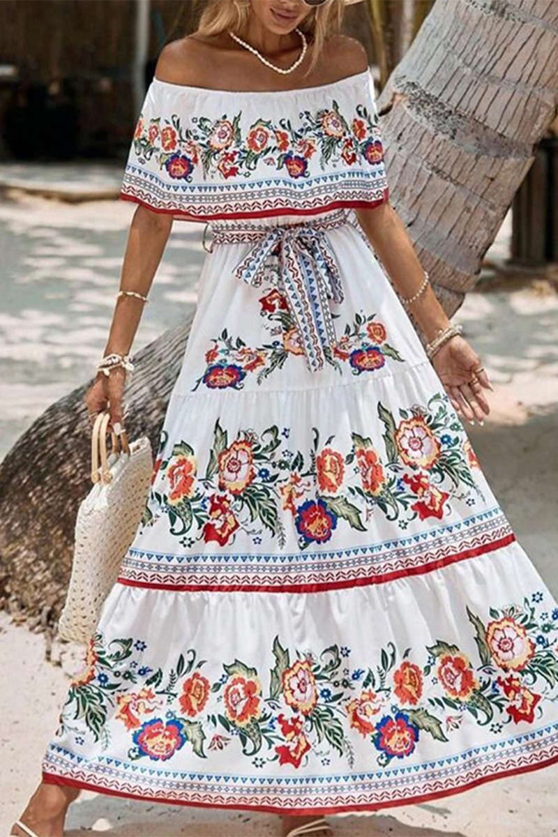 Wholesale Floral Frenulum Off the Shoulder Printed Dresses K105841 Online