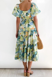 Green Yellow Sweet Elegant Print Asymmetrical Off the Shoulder Printed Dress Dresses