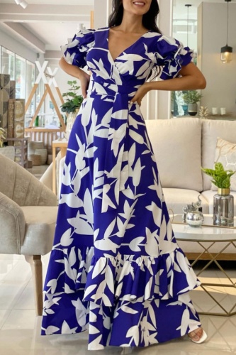 Casual Print Patchwork V Neck Long Dresses