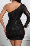 Sexy Party Patchwork Tassel Sequins Backless Oblique Collar Wrapped Skirt Dresses