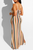 Sexy Casual Striped Print Frenulum Backless Spaghetti Strap Long Dresses