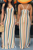 Sexy Casual Striped Print Frenulum Backless Spaghetti Strap Long Dresses