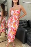 Sexy Print Backless Cross Straps Slit Spaghetti Strap Sleeveless Dresses